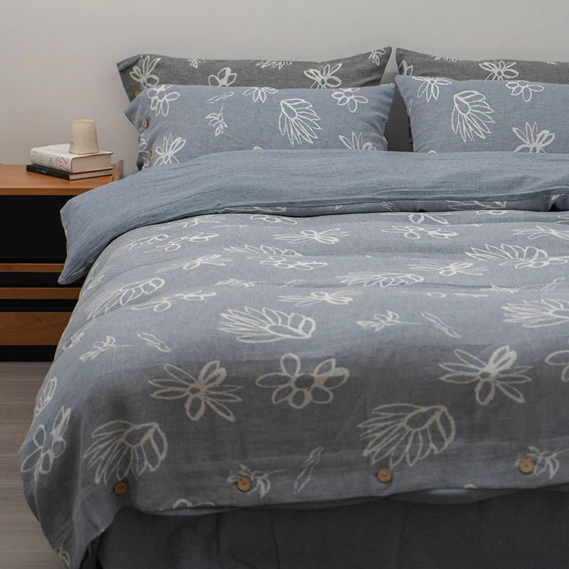 Duvet Cover Set Linen-Look Cotton Blend Wooden Button Closure