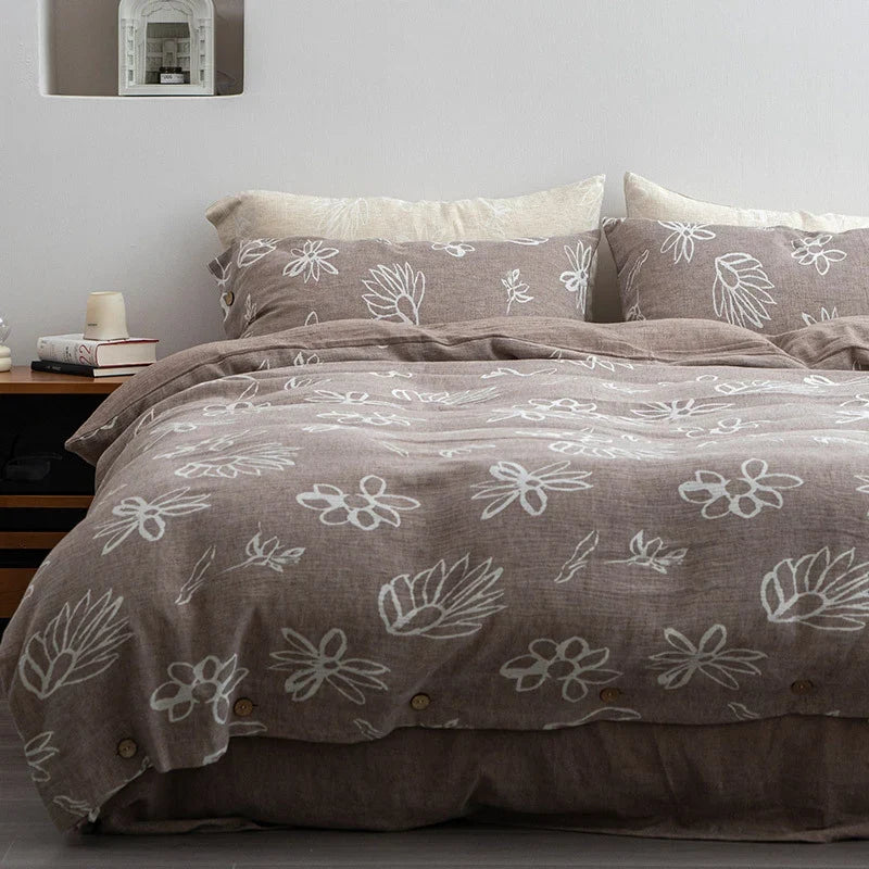 Duvet Cover Set Linen-Look Cotton Blend Wooden Button Closure