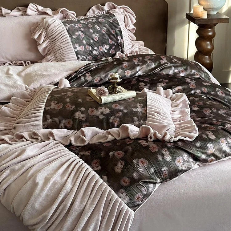 Duvet Cover Set Microfiber Velvet 4-Piece Ruffled Flounce