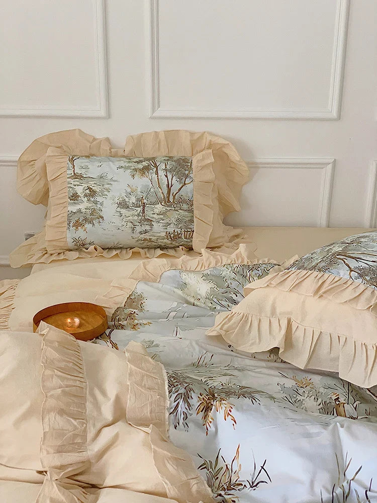 Duvet Cover Set Muslin-Look Cotton Blend Ruffled Edges