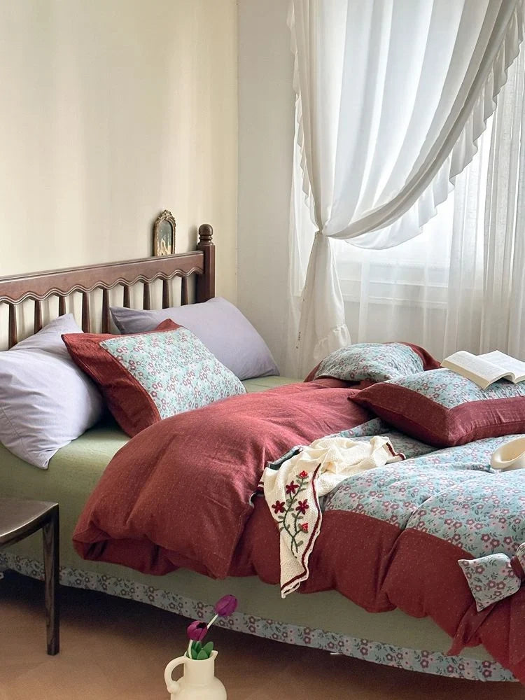 Duvet Cover Set Reversible Cotton Blend Bow Trim
