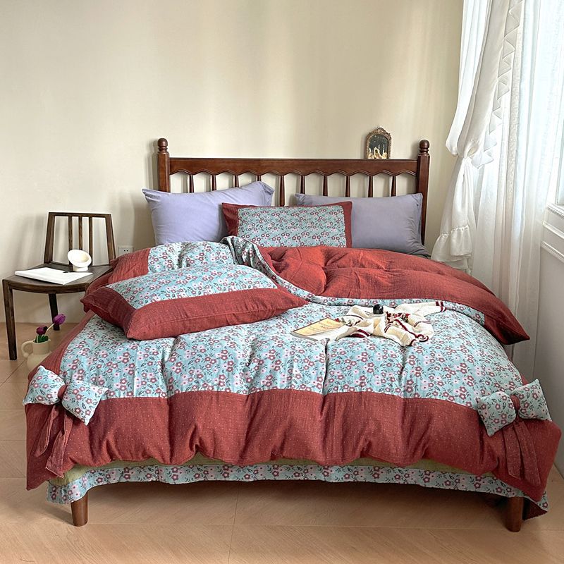 Duvet Cover Set Reversible Cotton Blend Bow Trim