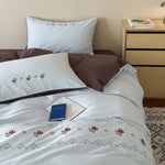 Duvet Cover Set Reversible Cotton Percale Rose Embroidery 4-Piece