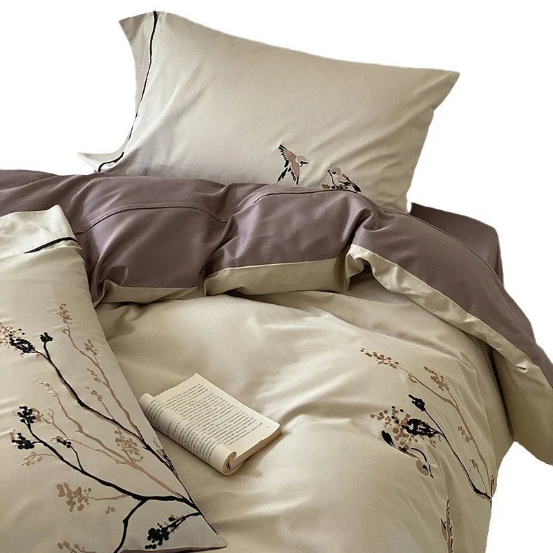 Duvet Cover Set Reversible Cotton Satin Embroidered 4-Piece