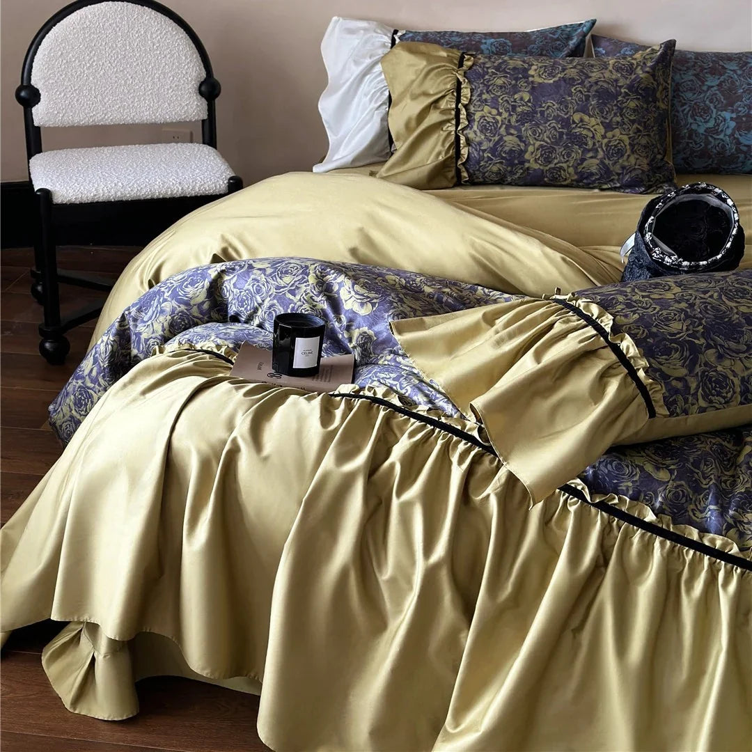 Duvet Cover Set Reversible Floral Jacquard & Velvet Piping