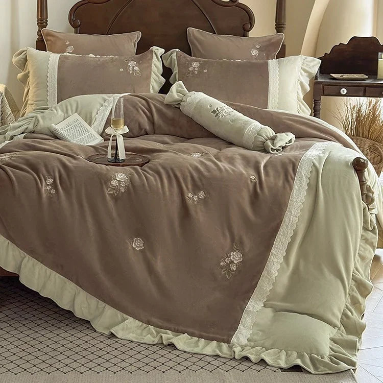 Duvet Cover Set Reversible Velvet Microfiber Rose Embroidery