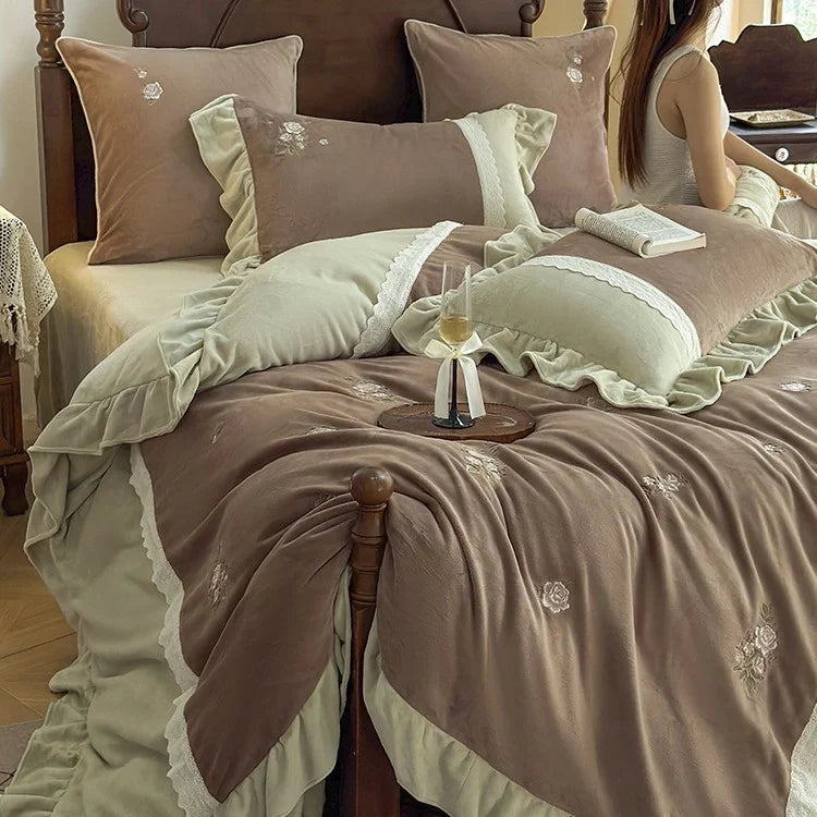 Duvet Cover Set Reversible Velvet Microfiber Rose Embroidery
