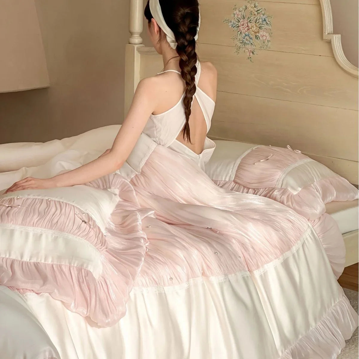 Duvet Cover Set Ruffle & Pleat Pearl Accents