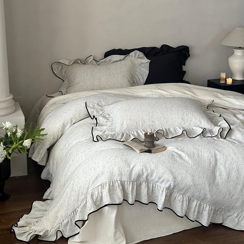 Duvet Cover Set Ruffled Edges & Piping Breathable Cotton-Linen