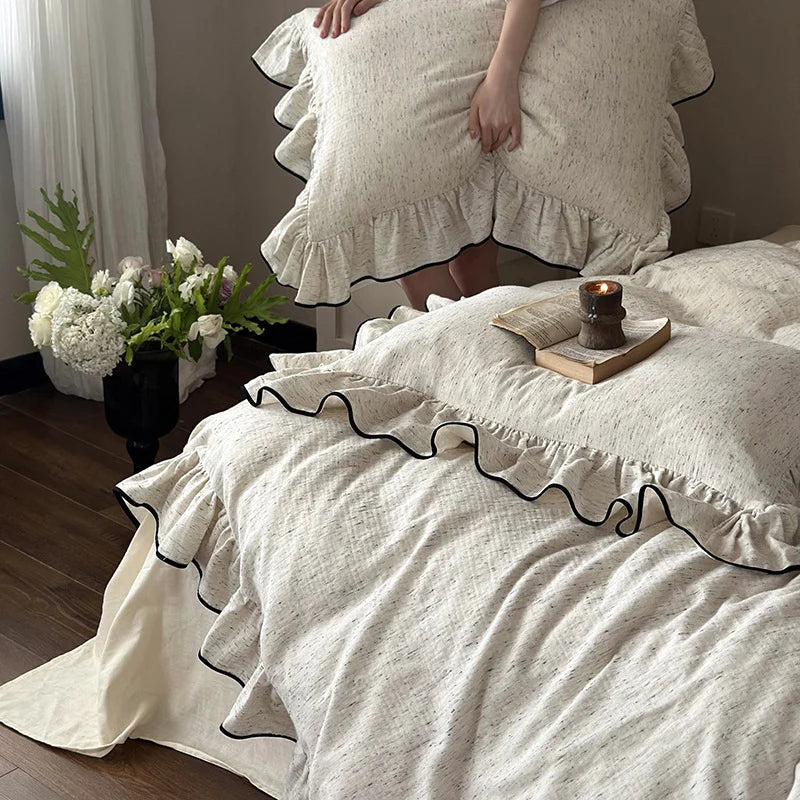 Duvet Cover Set Ruffled Edges & Piping Breathable Cotton-Linen