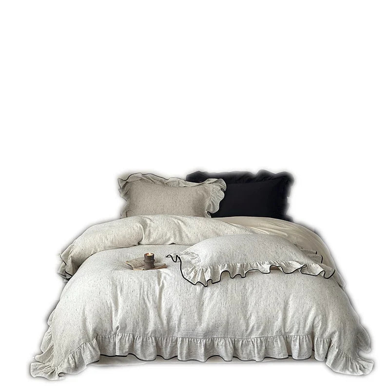 Duvet Cover Set Ruffled Edges & Piping Breathable Cotton-Linen
