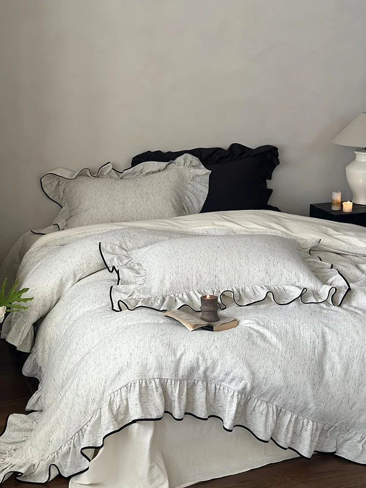 Duvet Cover Set Ruffled Edges & Piping Breathable Cotton-Linen