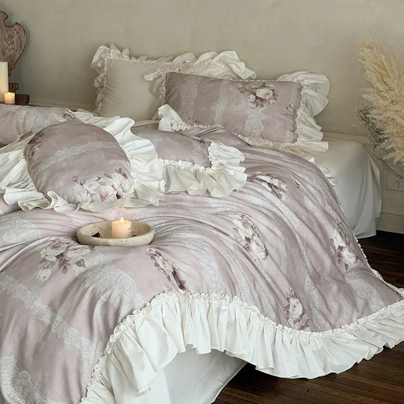 Duvet Cover Set Ruffled Floral Lace Breathable Cotton Blend