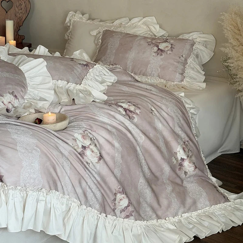 Duvet Cover Set Ruffled Floral Lace Breathable Cotton Blend
