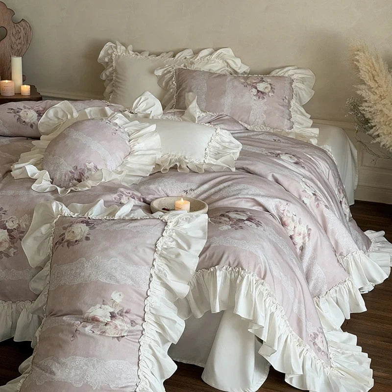 Duvet Cover Set Ruffled Floral Lace Breathable Cotton Blend