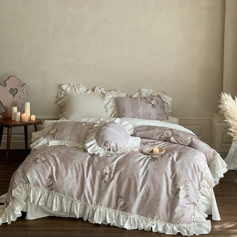 Duvet Cover Set Ruffled Floral Lace Breathable Cotton Blend