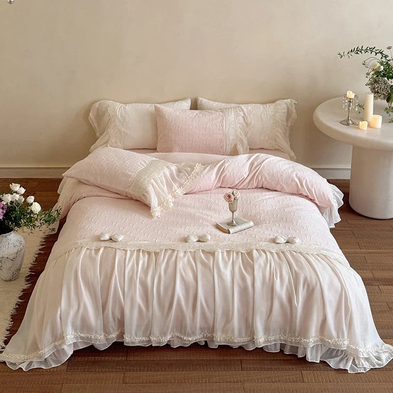 Duvet Cover Set Ruffled Lace Trim Machine Washable