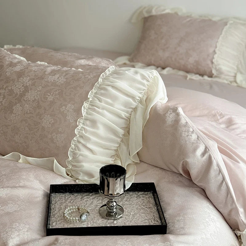 Duvet Cover Set Satin Damask Ruffled Edges