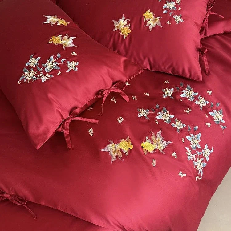 Duvet Cover Set Satin Embroidered Floral & Fish