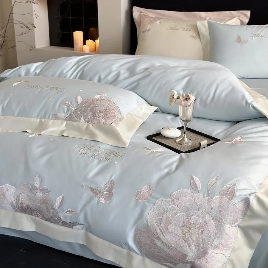 Duvet Cover Set Satin Embroidered Rose & Butterfly