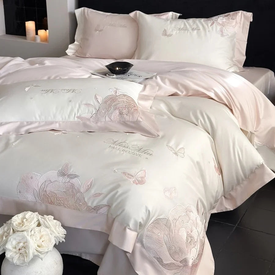 Duvet Cover Set Satin Embroidered Rose & Butterfly