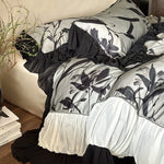 Duvet Cover Set Satin-Finish Large Floral & Chiffon Ruffles