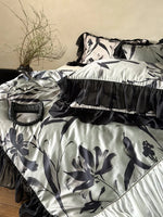 Duvet Cover Set Satin-Finish Large Floral & Chiffon Ruffles