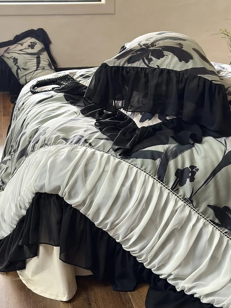 Duvet Cover Set Satin-Finish Large Floral & Chiffon Ruffles