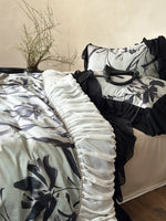 Duvet Cover Set Satin-Finish Large Floral & Chiffon Ruffles