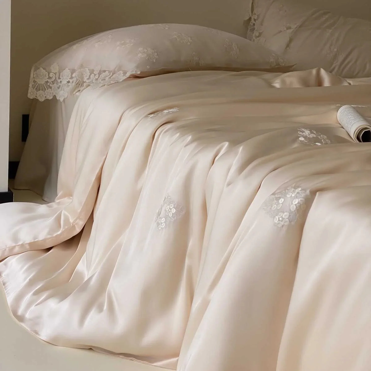 Duvet Cover Set Satin Floral Embroidery & Lace Trim