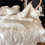 Duvet Cover Set Satin Floral Embroidery & Ruffle Trim
