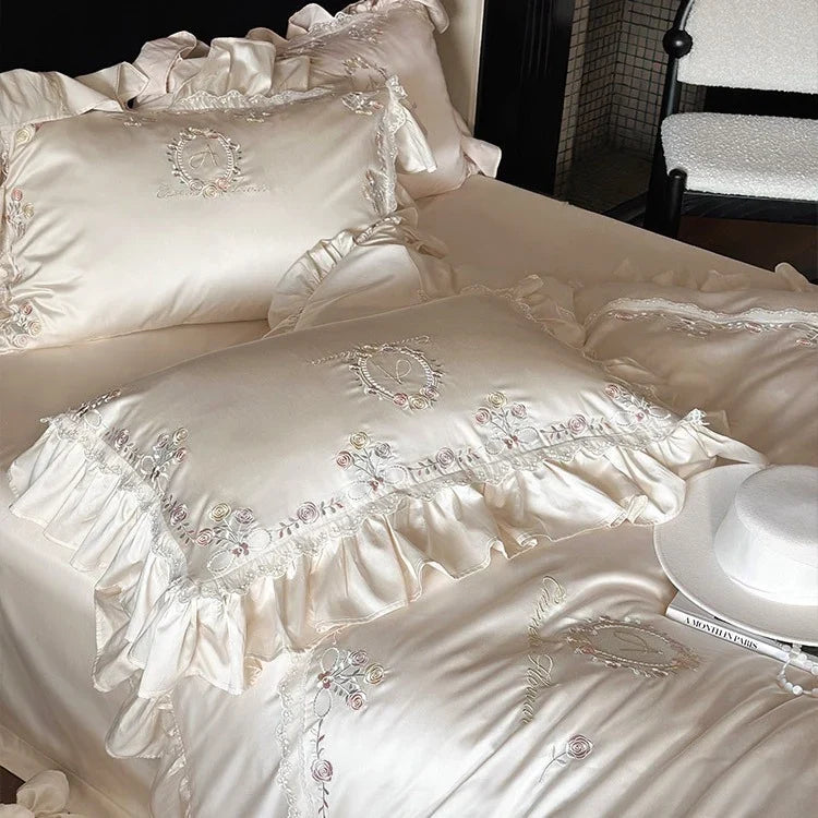 Duvet Cover Set Satin Floral Embroidery & Ruffle Trim