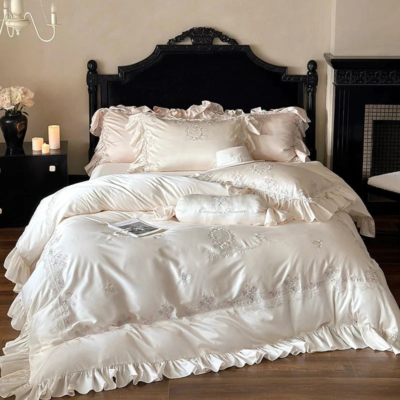 Duvet Cover Set Satin Floral Embroidery & Ruffle Trim