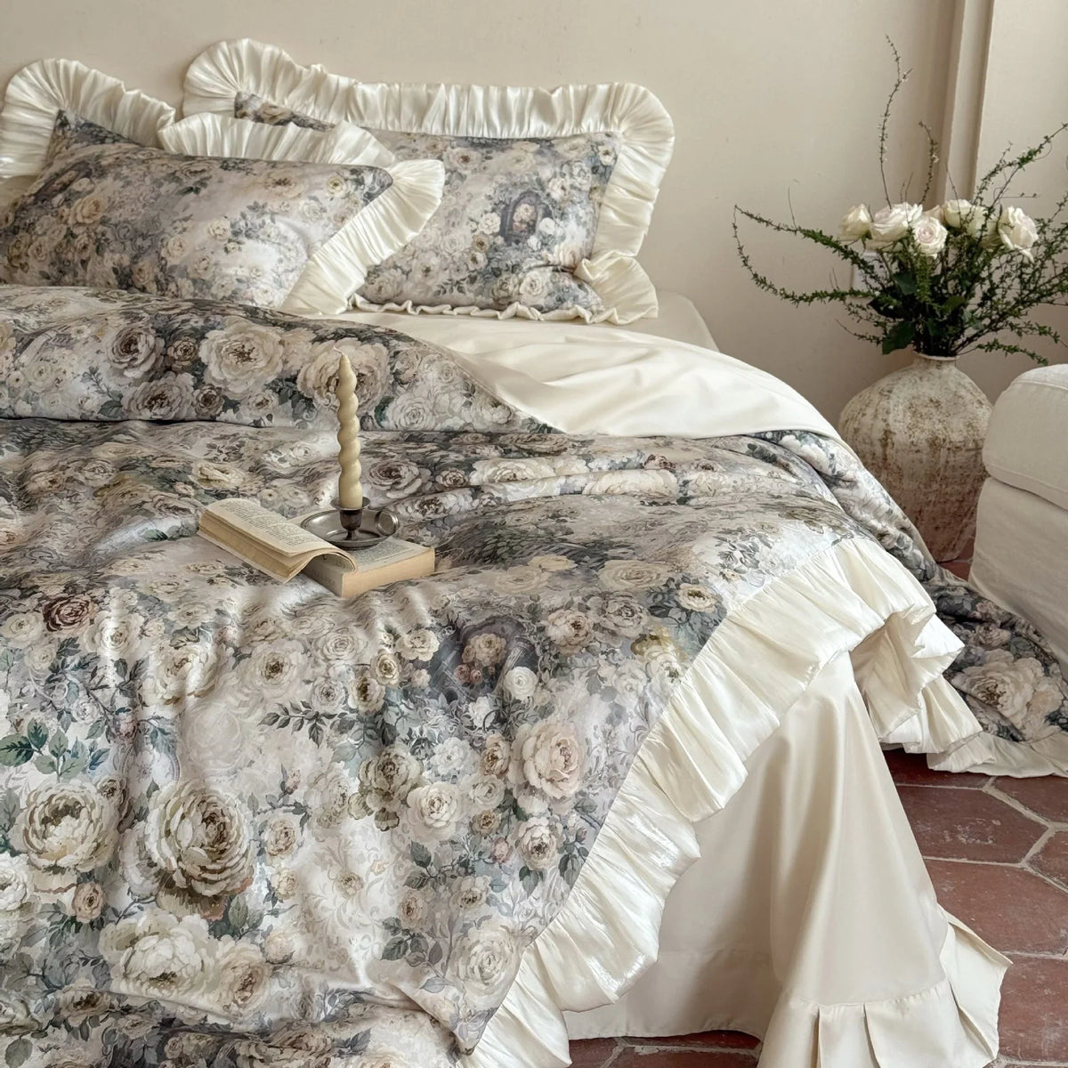 Duvet Cover Set Satin Floral Jacquard & Gathered Ruffles
