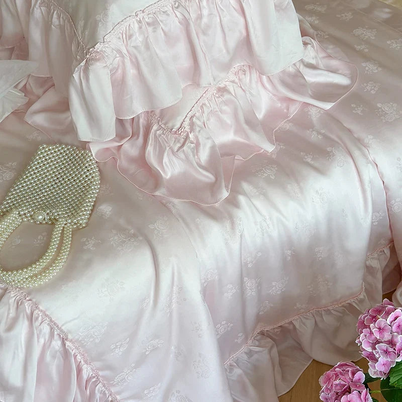Duvet Cover Set Satin Jacquard Floral Ruffled Edges