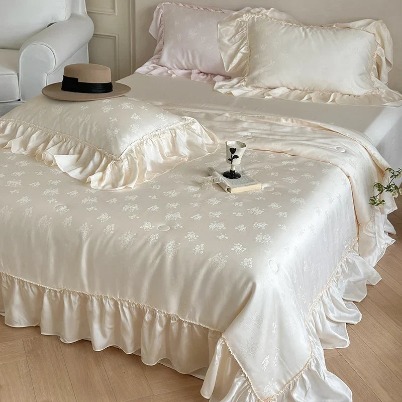 Duvet Cover Set Satin Jacquard Floral Ruffled Edges