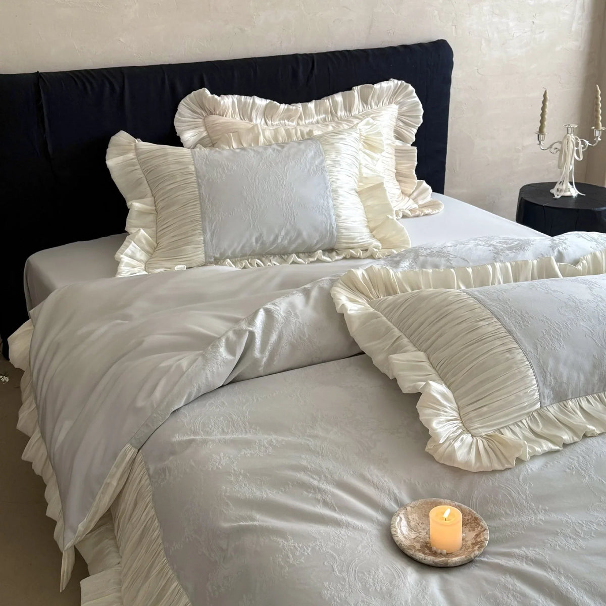 Duvet Cover Set Satin Jacquard Pleated Ruffles Machine Washable