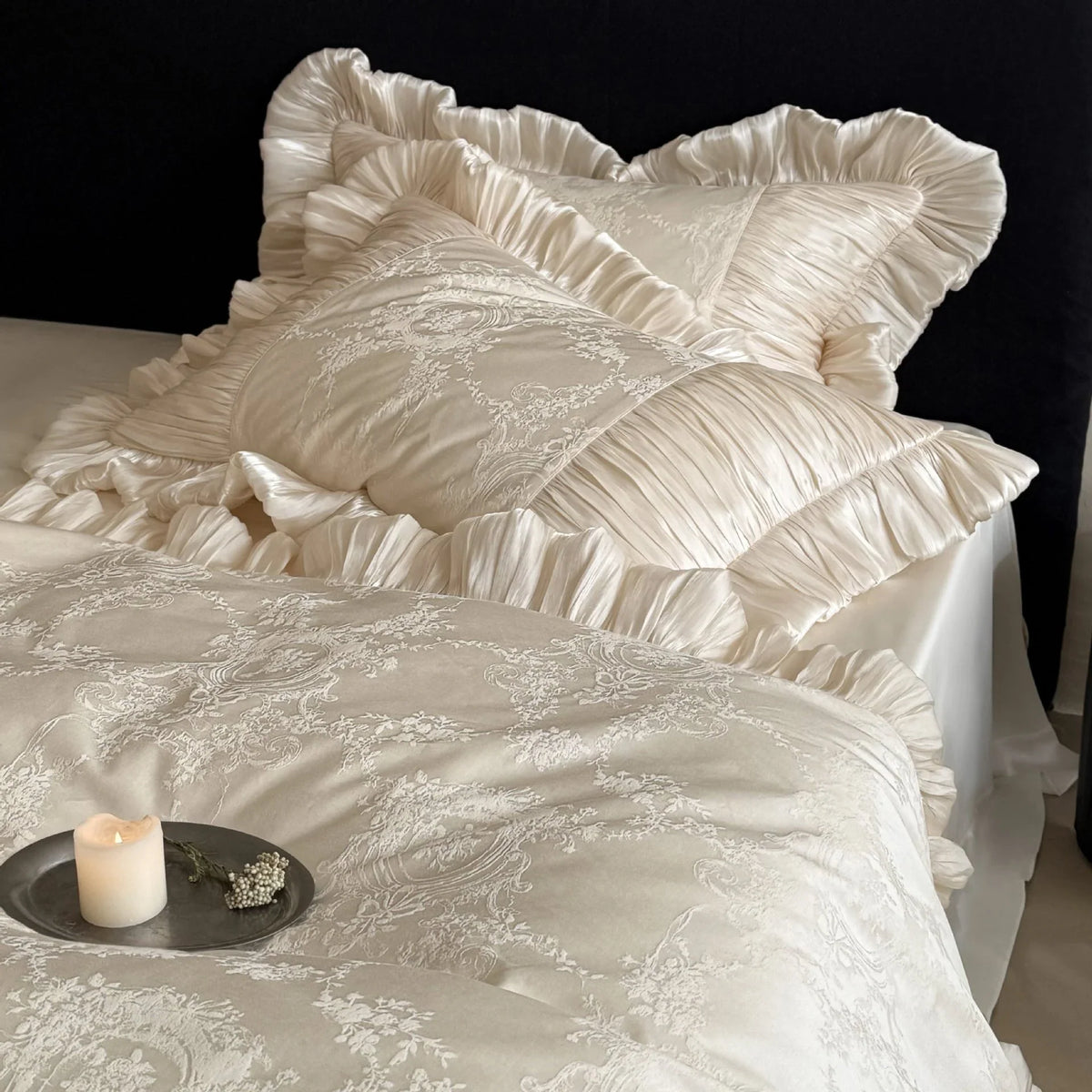 Duvet Cover Set Satin Jacquard Pleated Ruffles Machine Washable