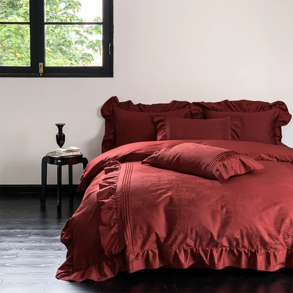Duvet Cover Set Satin Jacquard Relief Ruffle & Piping Six-Piece