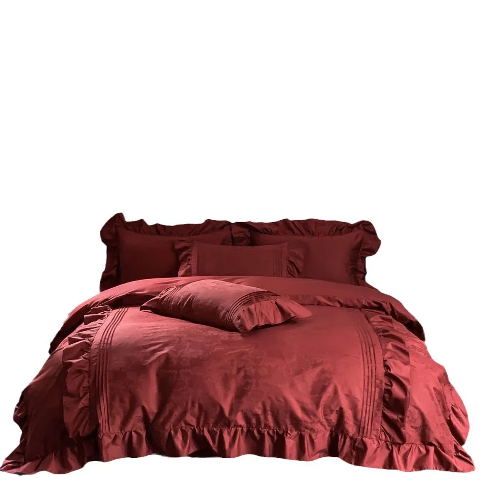 Duvet Cover Set Satin Jacquard Relief Ruffle & Piping Six-Piece