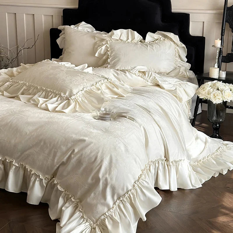 Duvet Cover Set Satin-Like Jacquard & Ruffle Trim 4-Piece