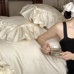 Duvet Cover Set Satin-Like Jacquard & Ruffle Trim 4-Piece
