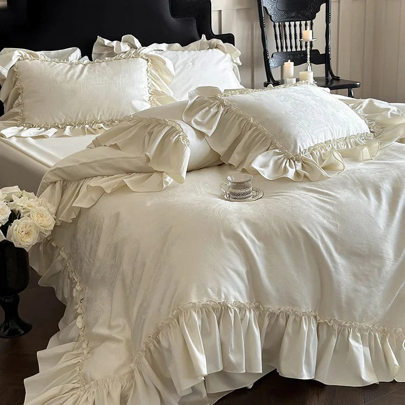 Duvet Cover Set Satin-Like Jacquard & Ruffle Trim 4-Piece