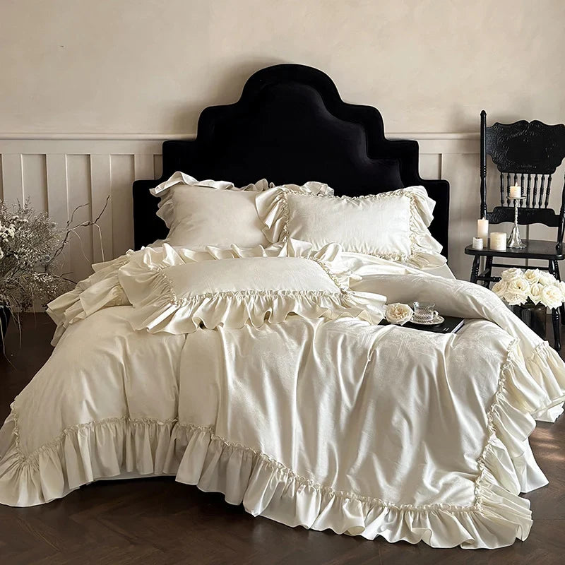 Duvet Cover Set Satin-Like Jacquard & Ruffle Trim 4-Piece