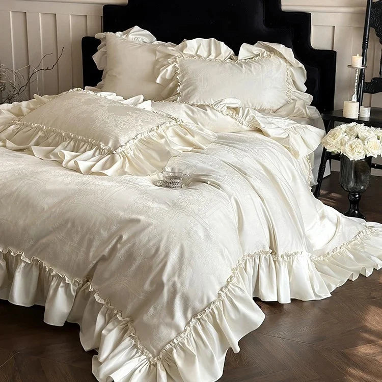 Duvet Cover Set Satin-Like Jacquard & Ruffle Trim 4-Piece
