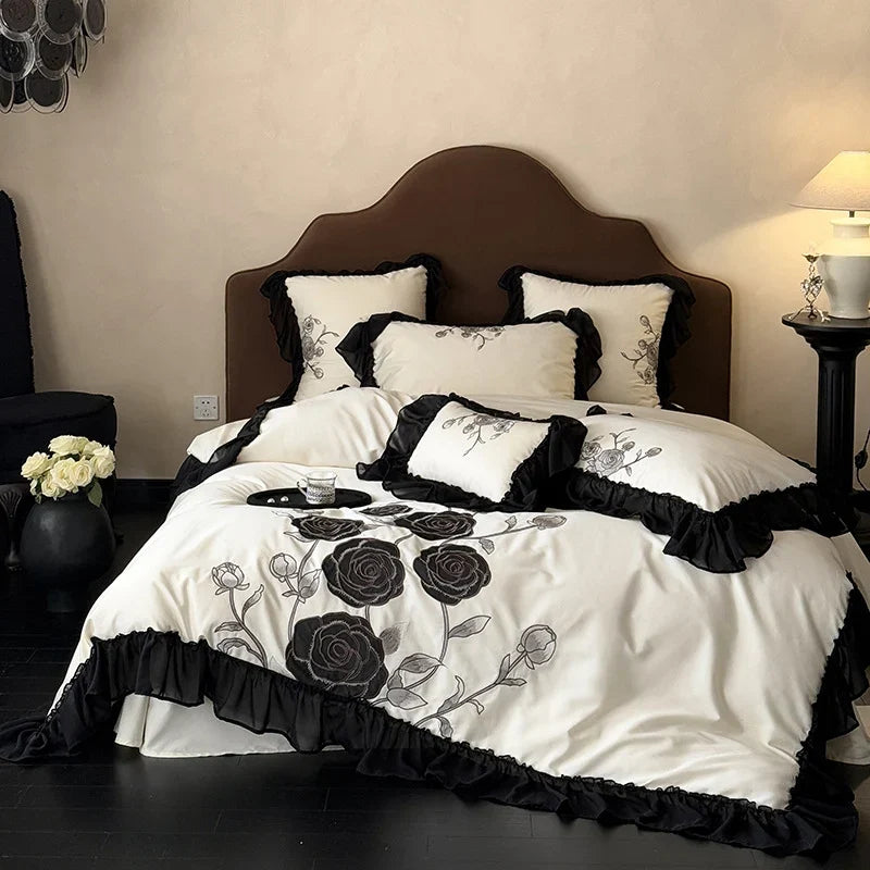 Duvet Cover Set Satin Rose Embroidered Ruffle Trim