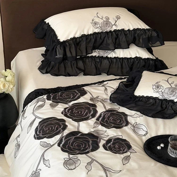 Duvet Cover Set Satin Rose Embroidered Ruffle Trim