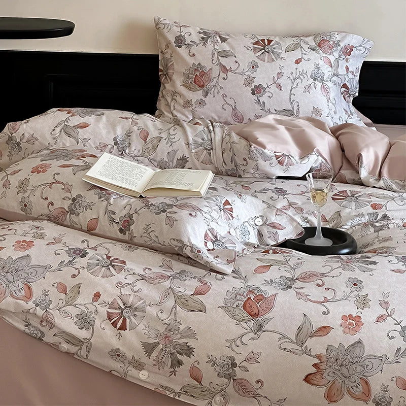 Duvet Cover Set Satin Rose Print Four-Piece
