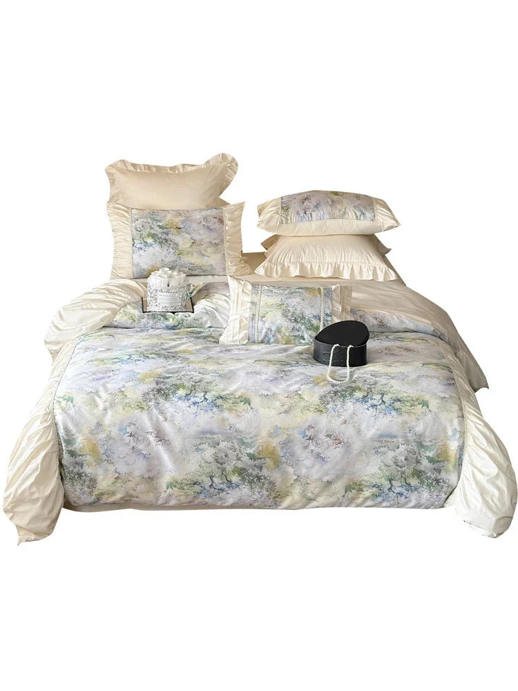 Duvet Cover Set Satin Watercolor Floral Ruffles Concealed Zipper