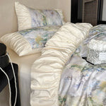 Duvet Cover Set Satin Watercolor Floral Ruffles Concealed Zipper